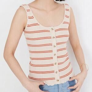 Madewell Kingston Ribbed Striped Button-Front Sweater Tank Cream Rust Small